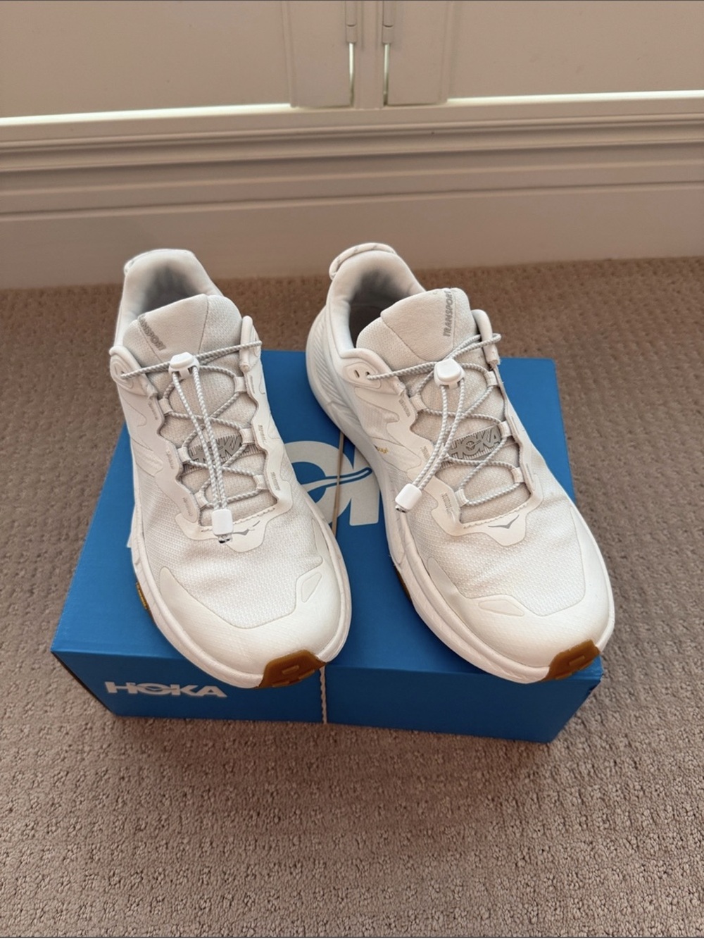 Hoka White Transport with Quick-Pull Lacing